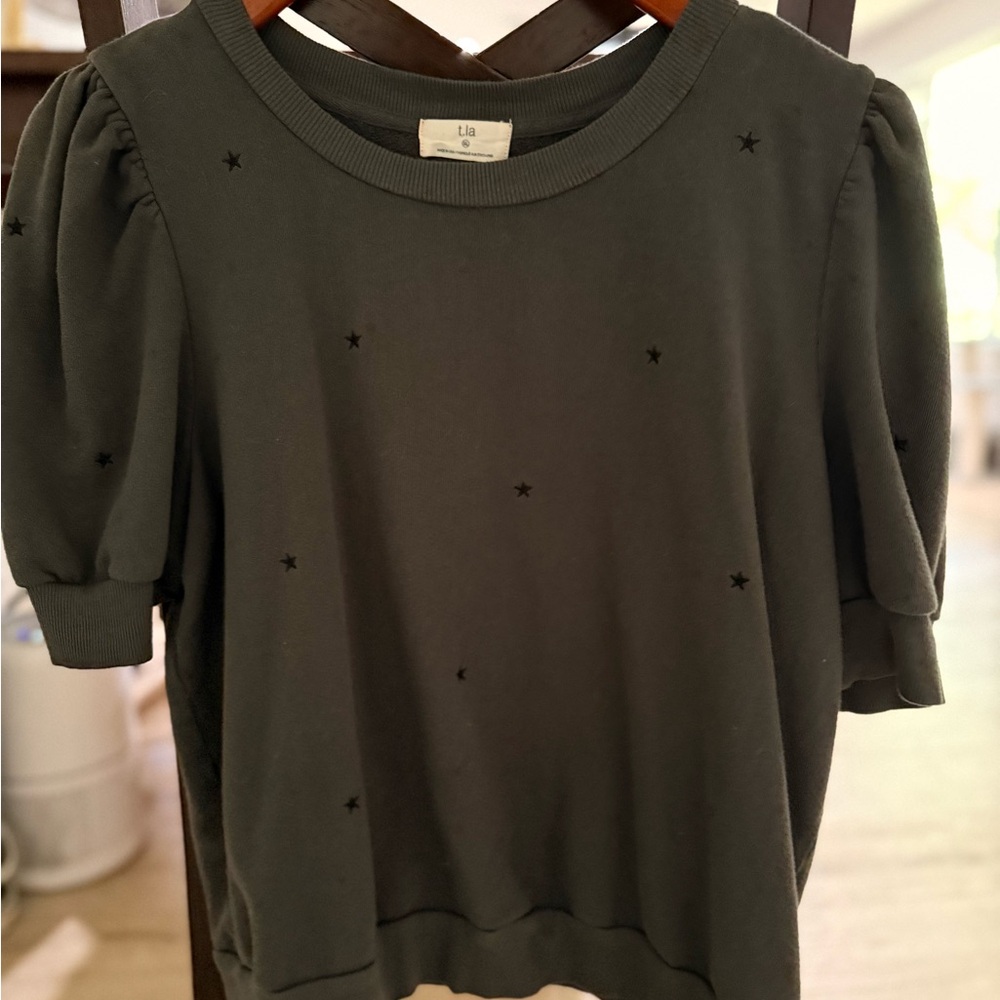 Dark Forest Green Star Embroidered Short-Sleeve Sweatshirt